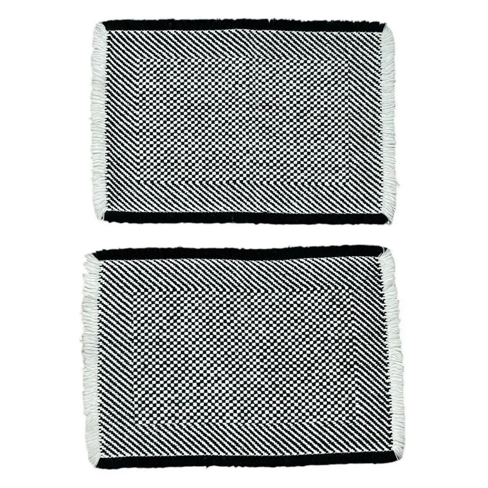 Vintage 1980s Woven Black & White Fringe Placemats Set 2 Checked 17 x 11 Unique